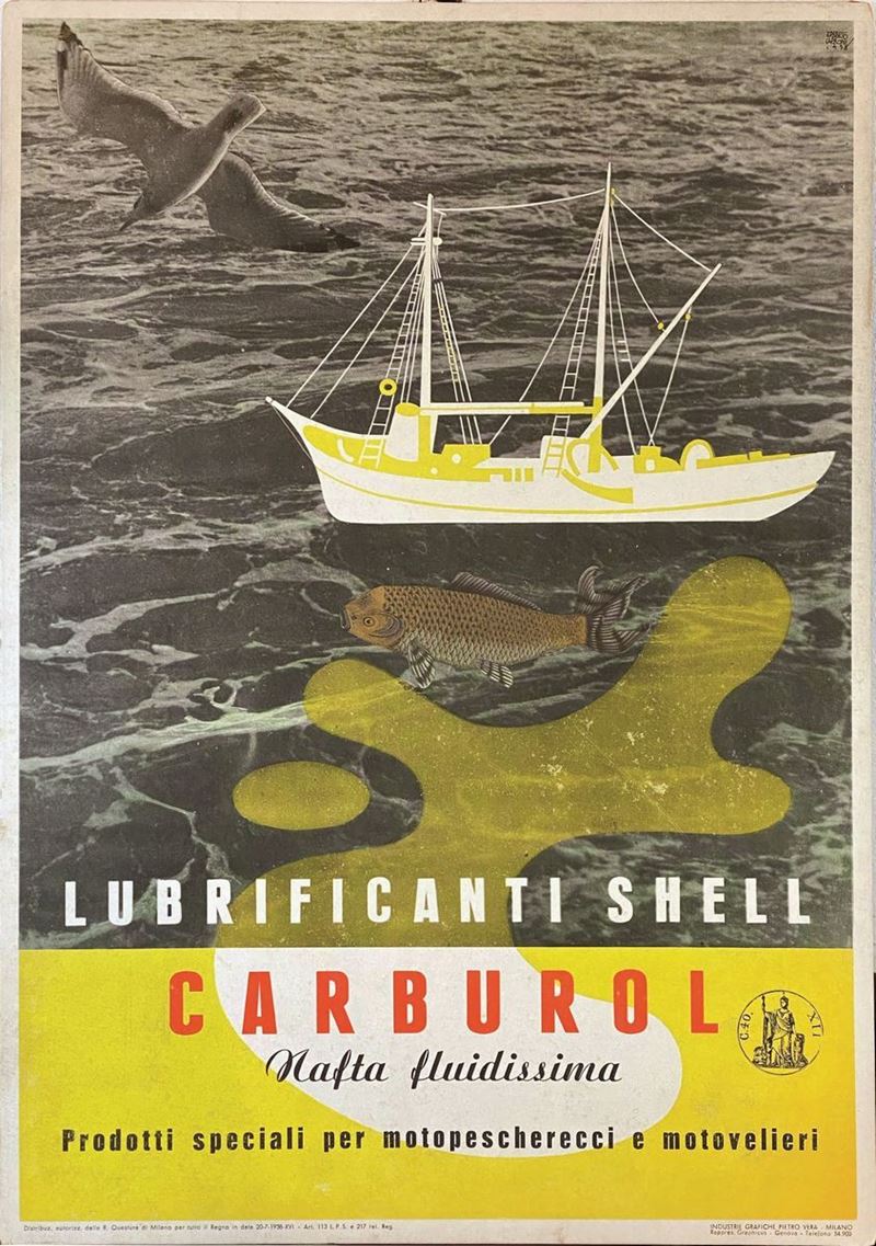 Erberto Carboni : Lubrificatori Shell- Carburol  - Asta Manifesti d'Epoca - Cambi Casa d'Aste