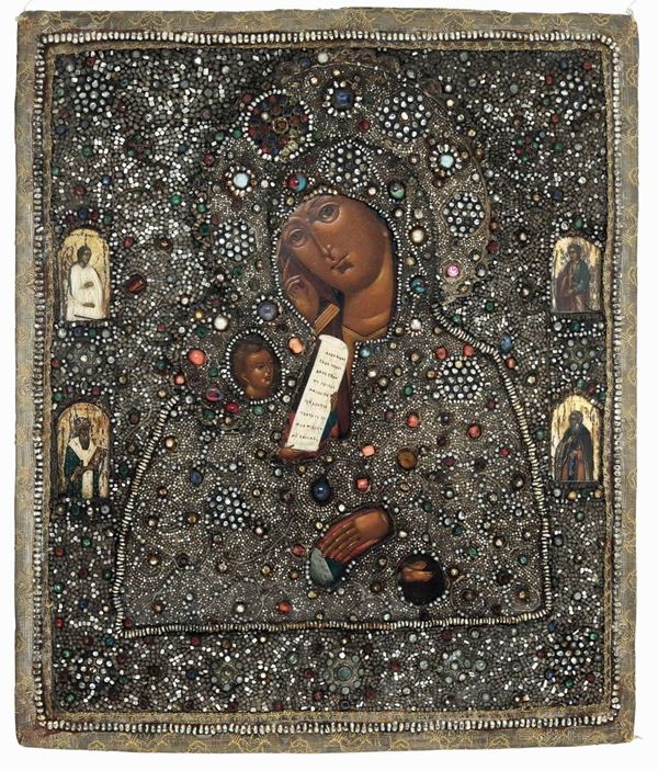 Vergine con Bambino. Riza in perline, pietre colorate e corallo. Palech, fine XVIII secolo (?)