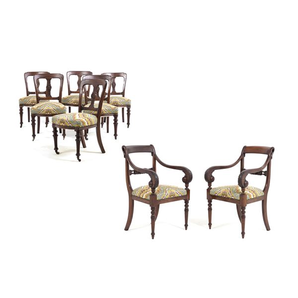 Sei sedie e due poltrone tipo Peter in mogano