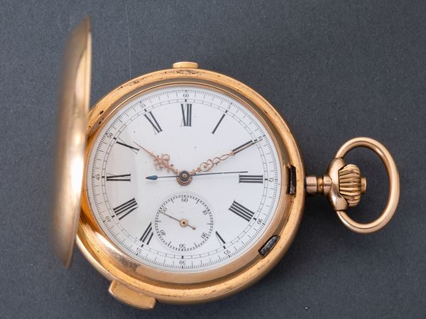 Orologio da tasca anonimo, 1890 circa, suoneria ore/quarti attivata da pulsante e cronografo, in oro  [..]
