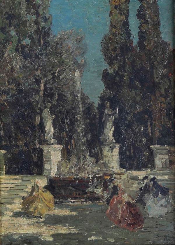 Giardino con fontana e figure in abiti settecenteschi, 1911
