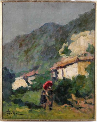 Paesaggio Montano con Case e Figure con Ombrello Rosso