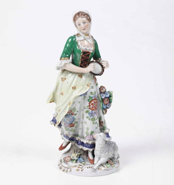 Figurina di pastorella da un modello di Meissen Germania, Turingia, probabilmente Manifattura Bohne, XX secolo