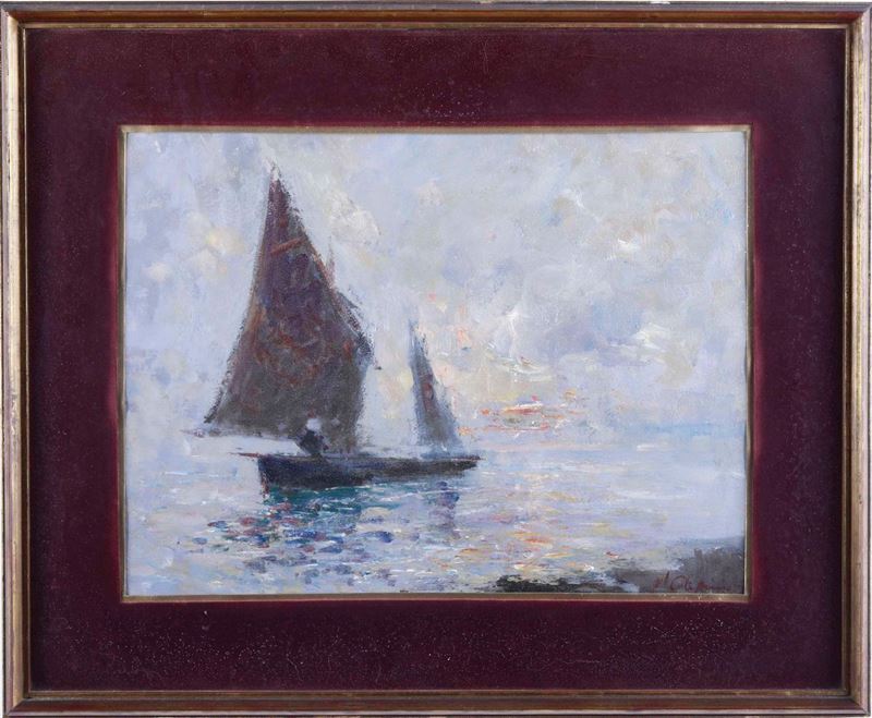 Pittore del XIX-XX secolo Paesaggio con barca a vela  - Asta Dipinti del XIX e XX secolo | Cambi Time - Cambi Casa d'Aste
