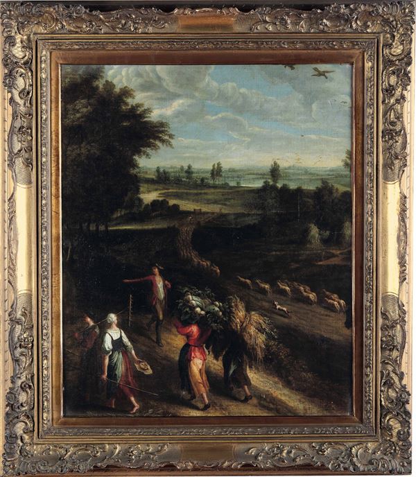 Scuola fiamminga della fine del XVII secolo Paesaggio con contadini e pastore