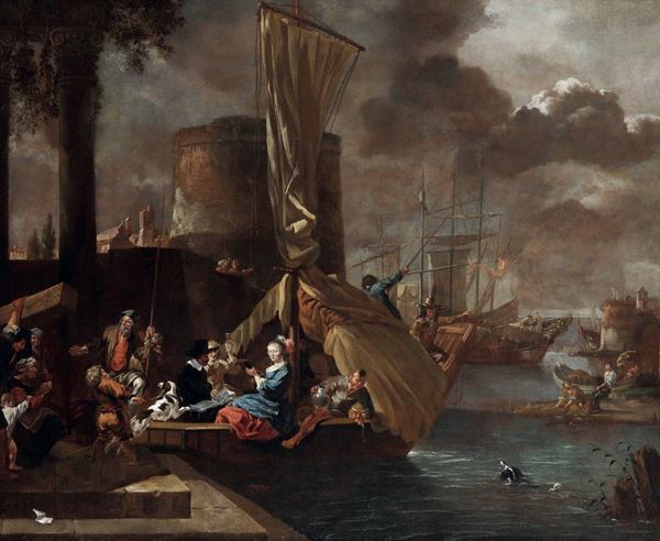 Scuola olandese del XVII secolo Veduta di porto con imbarcazioni e figure