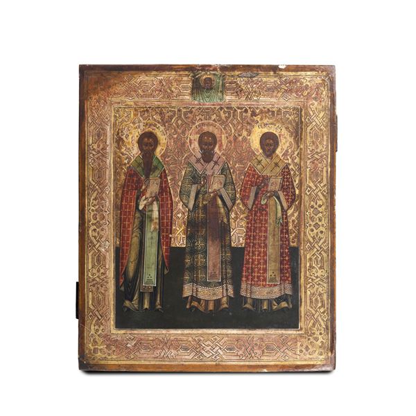 Tre Santi. Icona su tavola a fondo oro. Arte russa del XIX-XX secolo