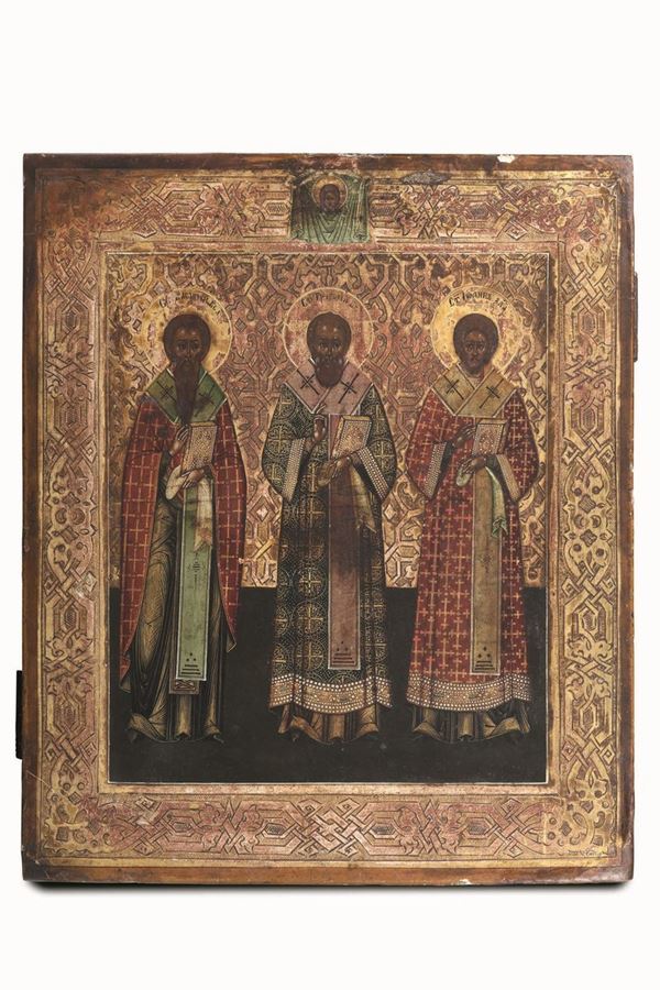 Tre Santi. Icona su tavola a fondo oro. Arte russa del XIX-XX secolo