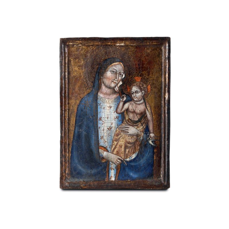 Tavola raffigurante Madonna con Bambino, XX secolo  - olio su tela applicata su tavola - Asta Antiquariato - Cambi Casa d'Aste
