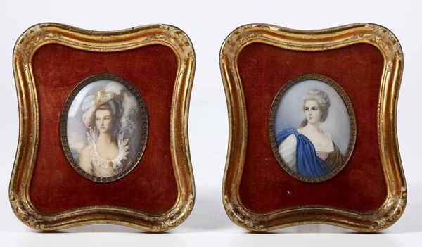 Due miniature raffiguranti ritratti di gentildonne, XIX secolo