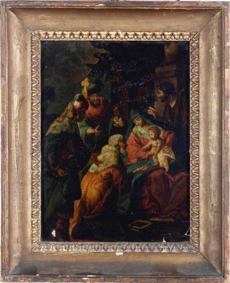 Scuola veneta del XVII secolo Adorazione dei Magi  - olio su vetro - Asta Dipinti Antichi | Cambi Time - Cambi Casa d'Aste