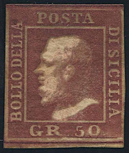 1859, Sicilia, 50 grana lacca bruno.