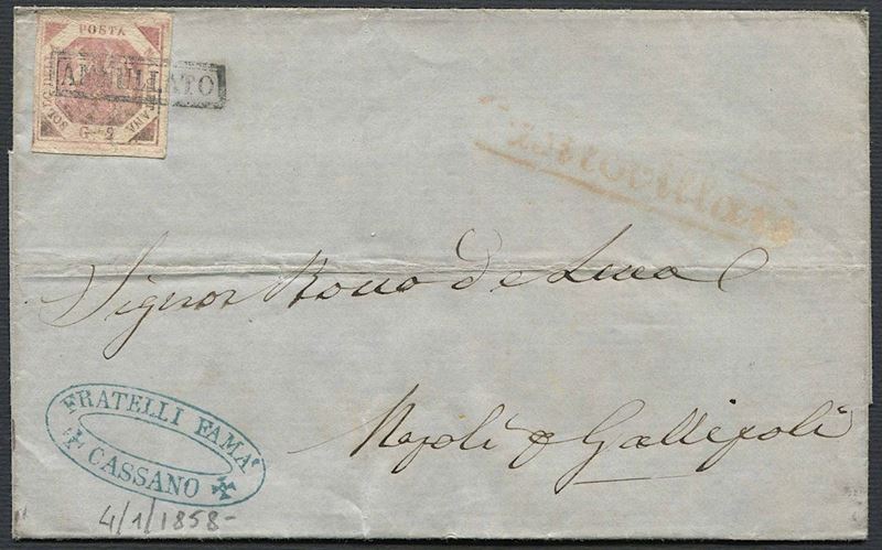 1858, Napoli, lettera da Cassano per Gallipoli via di Napoli del 4 gennaio 1858.  - Auction Philately - Cambi Casa d'Aste