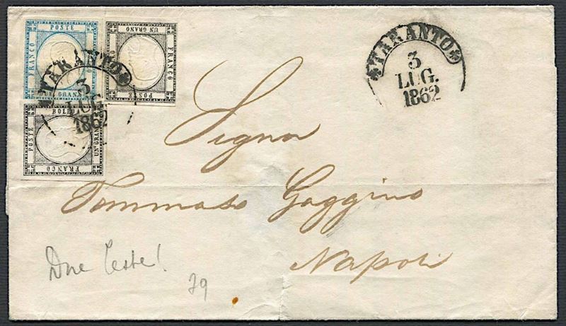 1861, Province Napoletane, lettera da Taranto per Napoli del 3 luglio 1862.  - Asta Filatelia e Storia Postale - Cambi Casa d'Aste