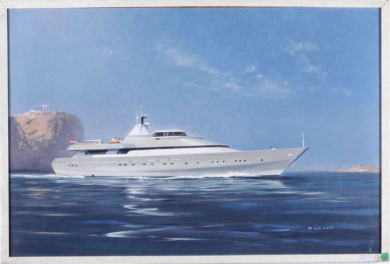 Dipinto raffigurante Yacht, a firma Baguet  - Asta Arte Marinara e Strumenti Scientifici - Cambi Casa d'Aste