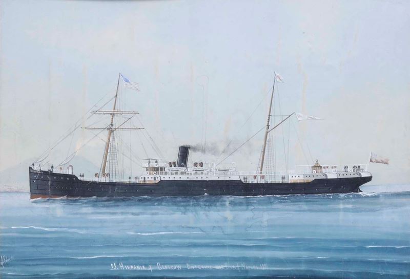L. Roberto Ritratto della "SS. Hispania entering the bay of Naples, 1889"  - gouache su carta - Asta Arte Marinara e Strumenti Scientifici - Cambi Casa d'Aste