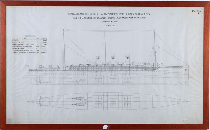 Progetto a china dei Cantieri Ansaldo per Transatlantico celere da passeggeri per la linea Sud-America  - Auction Marittime Art and Scientific Instruments - Cambi Casa d'Aste