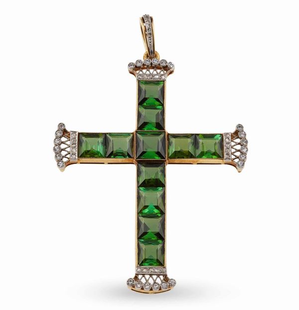 Green tourmaline and diamond cross pendant