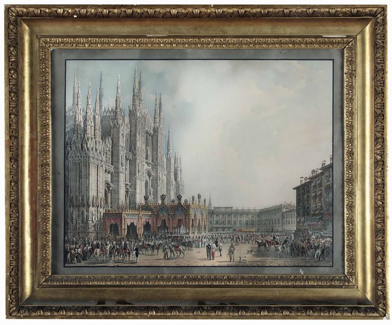 LOTTO RITIRATO Scuola del XVIII secolo Piazza Duomo a Milano  - stampa acquerellata - Auction Italian Mansions - Cambi Casa d'Aste