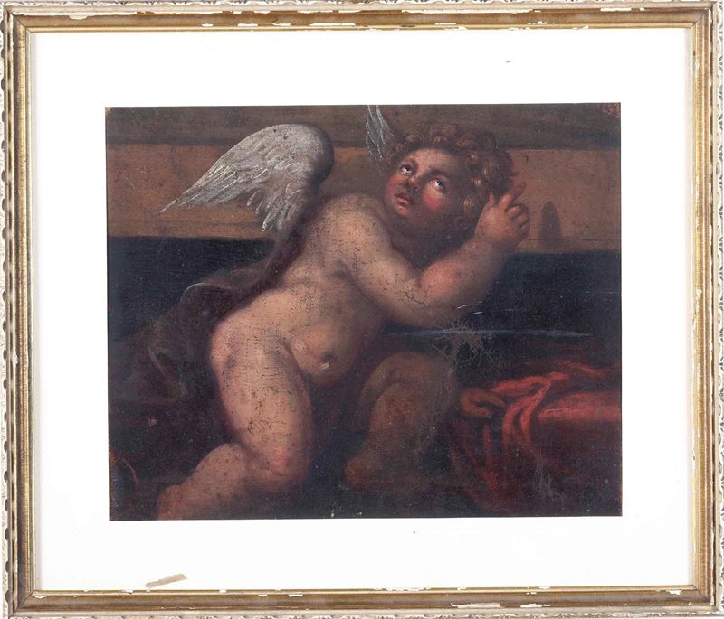 Scuola del XVIII secolo Figura di putto  - olio su tela applicata su cartone - Asta Dipinti Antichi | Cambi Time - Cambi Casa d'Aste