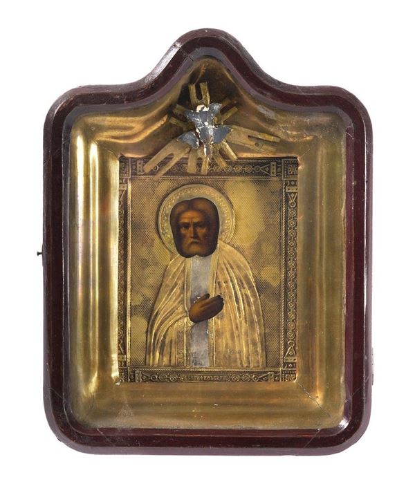 Icona con riza in metallo dorato. Russia XIX-XX secolo San Serafino di Sarov