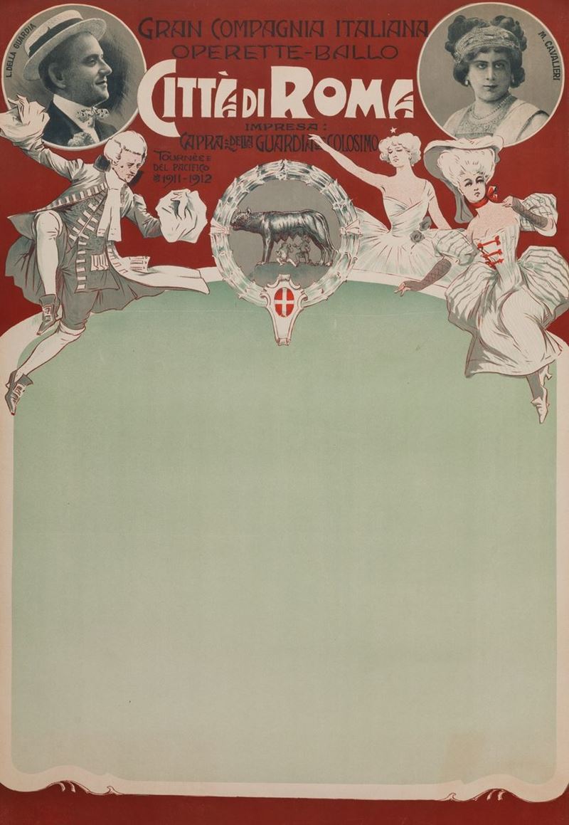 Giuseppe Garuti - Pipein Gamba : GRAN COMPAGNIA ITALIANA OPERETTE - BALLO CITTA' DI ROMA 1911-1912  - Auction Vintage Posters - Cambi Casa d'Aste