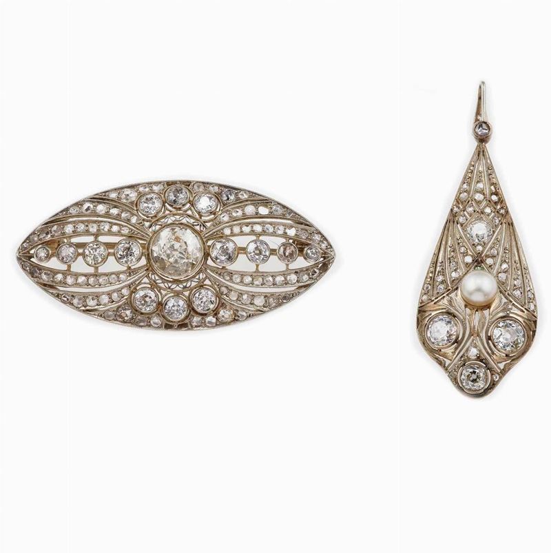 Spilla e pendente con diamanti di vecchio taglio e perla  - Asta Fine and Coral Jewels - Cambi Casa d'Aste