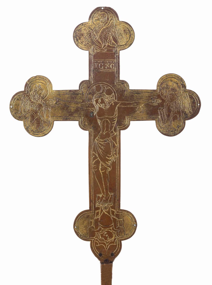 Croce Astile. Rame Inciso e Dorato e Bronzo Dorato. Oreficeria Gotica Toscana, Seconda Metà XIV S...