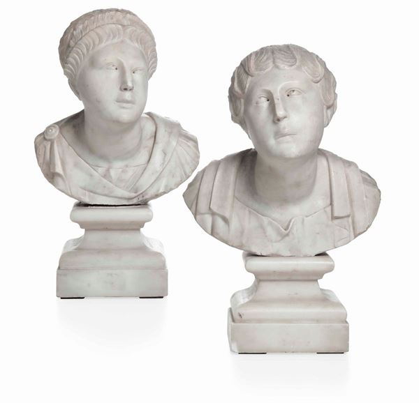 Due ritratti di giovani patrizie romane. Marmo. Scultore neoclassico, Italia XIX secolo
