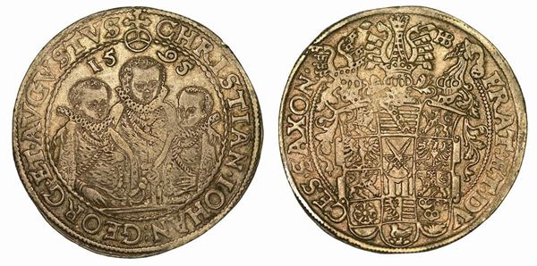 GERMANIA. SASSONIA ALBERTINA. CHRISTIAN II, JOHANN GEORGE E AUGUST, 1591-1611. Thaler 1595.