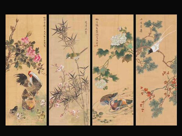 Quattro dipinti su seta raffiguranti soggetti naturalistici con iscrizioni, Cina, Dinastia Qing, XIX secolo