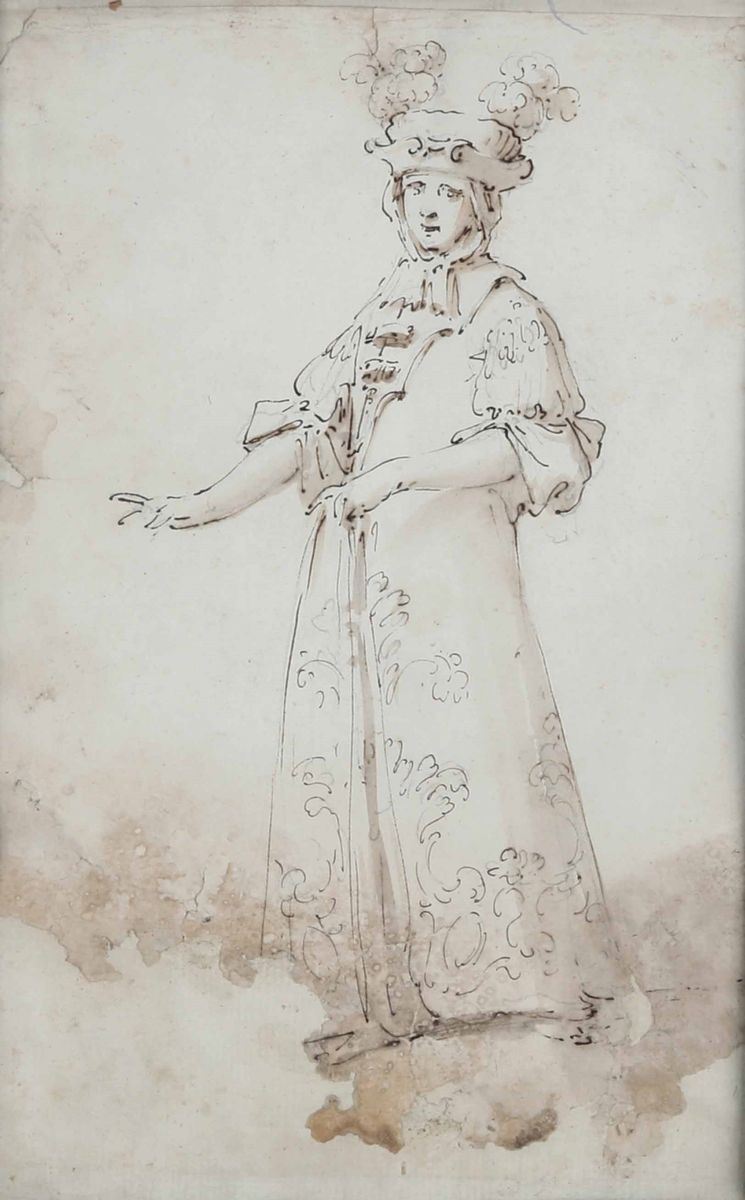 Giuseppe Arcimboldo : Figura femminile in costume  - penna, inchiostro bruno e acquerello su carta - Asta Disegni Antichi - II - Cambi Casa d'Aste