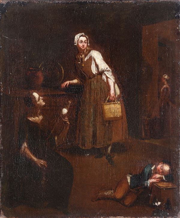 Scuola francese del XVIII secolo Interno con donne al lavoro