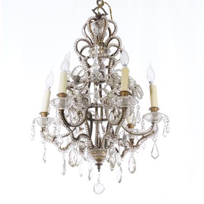 Lampadario in Metallo Dorato, Perline e Pendenti in Vetro Molato, XIX-XX Secolo