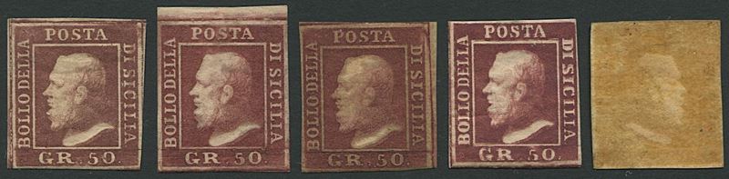 1858, Sicilia, cinque esemplari del 50 grana nuovi.  - Asta Filatelia e Storia Postale - Cambi Casa d'Aste