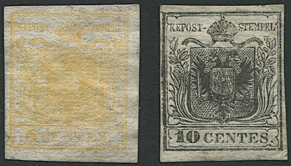 1850, Lombardo Veneto, 5 cent. giallo arancio chiaro e 10 cent. nero (S. 1e, 2).