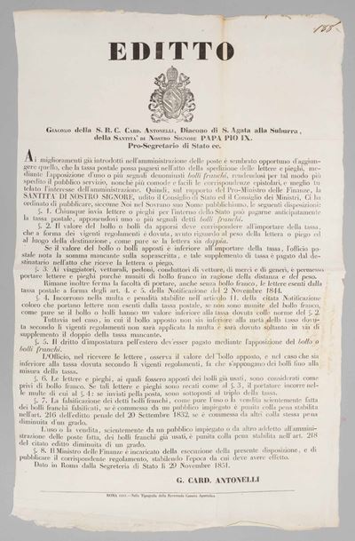 1851, Stato Pontificio, Editto del Cardinale Antonelli, Roma 29 Novembre 1851