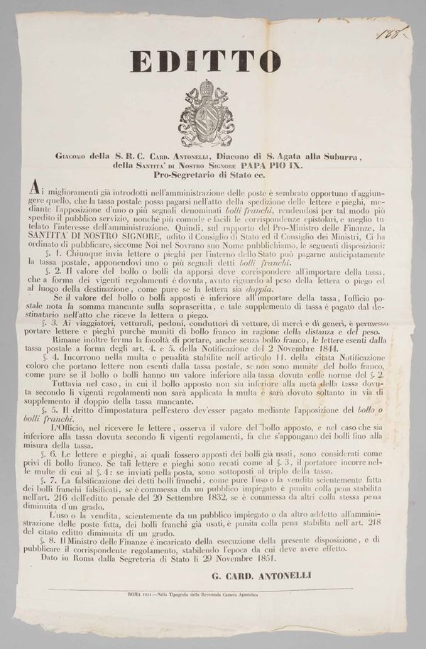 1851, Stato Pontificio, Editto del Cardinale Antonelli, Roma 29 novembre 1851
