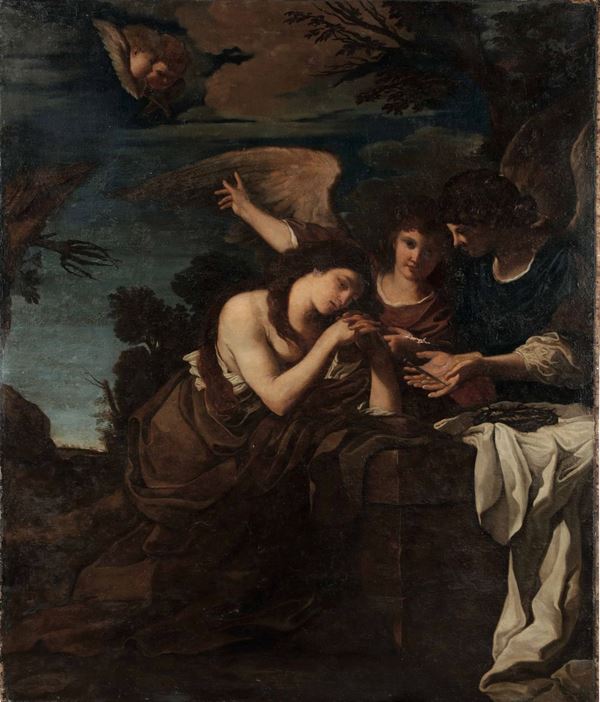 Scuola del XVII secolo Maddalena penitente e due angeli