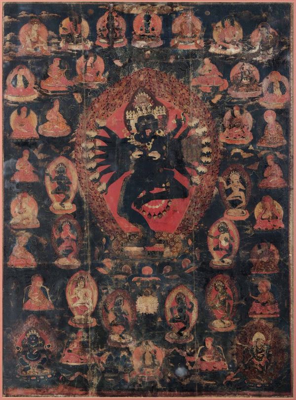 Thangka su seta raffigurante  Samwara in Yab-Yum circondato da altre divinità, Nepal, XVIII secolo