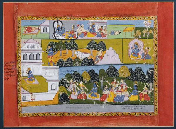 Miniatura su carta raffigurante episodi della vita di Krishna, India, XIX secolo