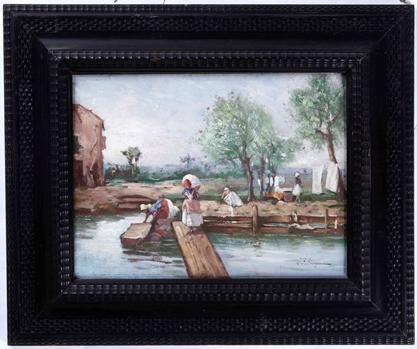 Pittore del XIX-XX secolo Figure femminili al fiume