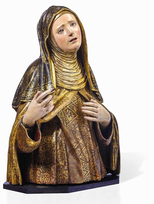 Busto di Santa Teresa d'Avila in legno dorato e policromo, arte spagnola del XVII secolo. Ambito di Luisa Roldan (Siviglia 1652 - Madrid 1706)