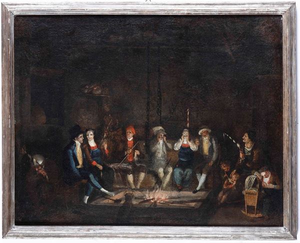 Scuola nordica del XVIII secolo Interno con personaggi davanti al fuoco