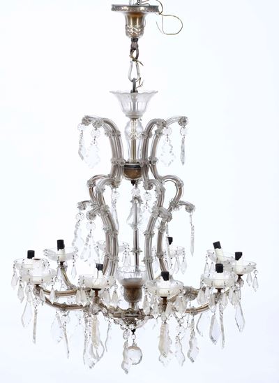 Lampadario a Dieci Luci in Vetro con Pendenti. XIX-XX Secolo