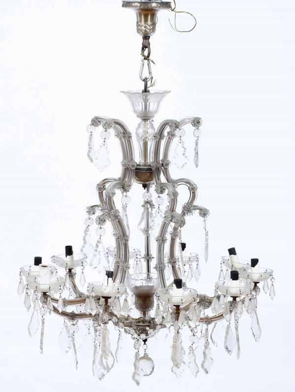 Lampadario a dieci luci in vetro con pendenti. XIX-XX secolo