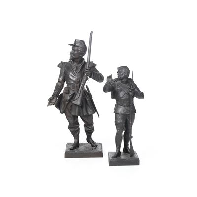 Due Sculture in Antimonio Raffiguranti Soldati. uno con Firma A. Poitevin Inciso alla Base (augus...
