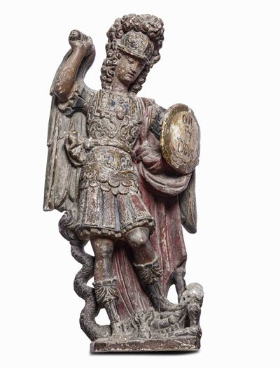 San Michele Arcangelo. Pietra Tenera o Alabastro Dipinto e Dorato. Scultore Barocco Italiano, XVI...