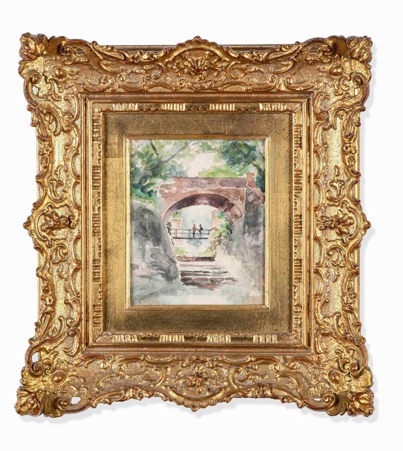 Carlo Follini : Paesaggio con ponte e figure  - acquerello su carta - Auction Italian Mansions - Cambi Casa d'Aste