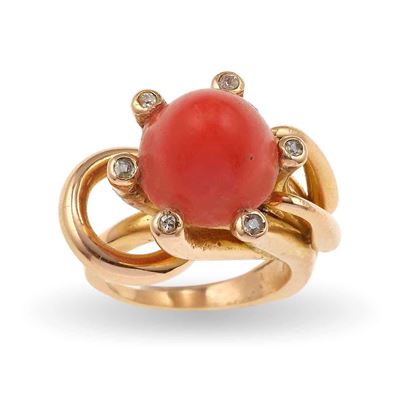 Montatura in oro giallo 750/1000, Anello con corallo e piccoli diamanti